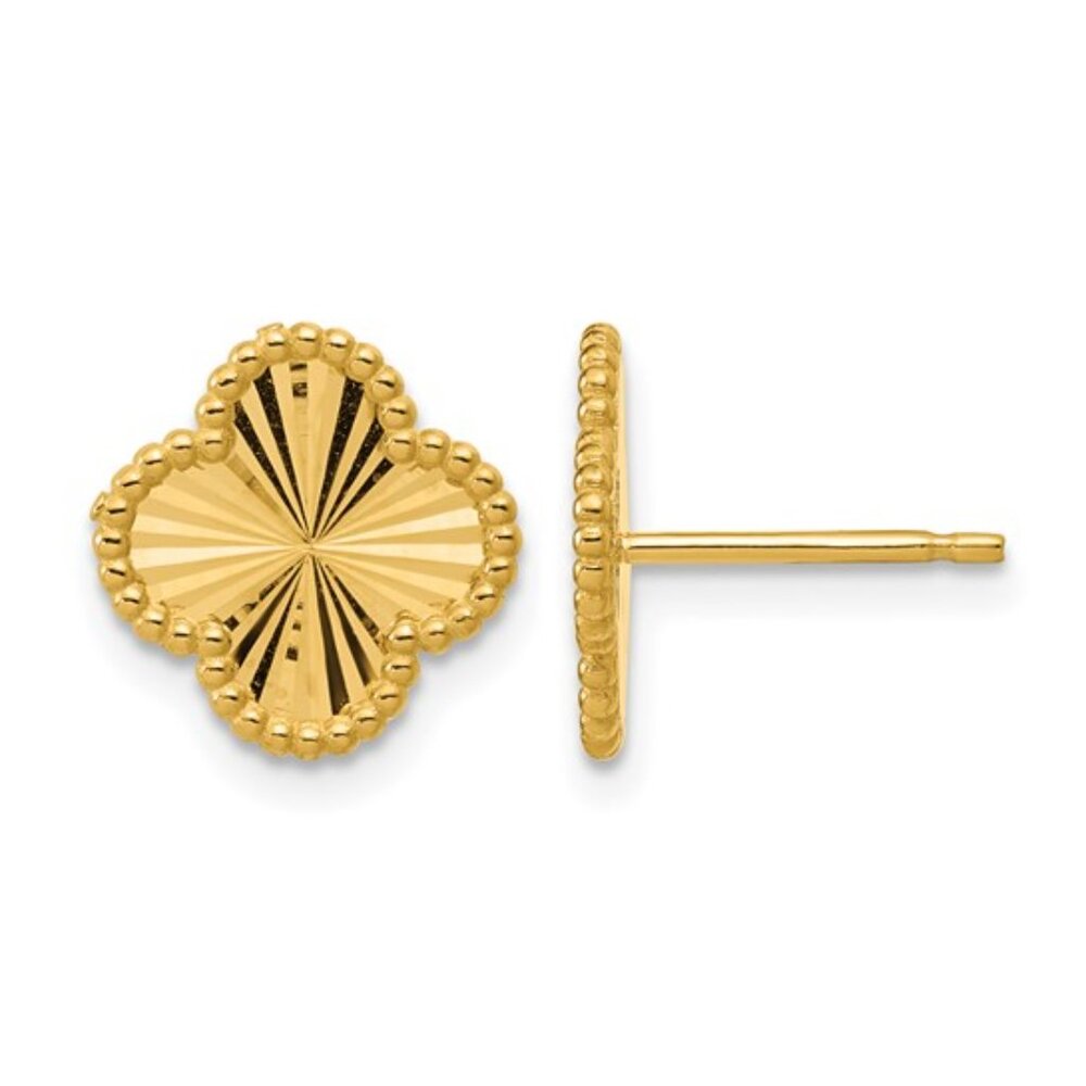 14k Yellow Gold Polished Diamond-cut Starburst Clover Beaded Edge Post Earrings